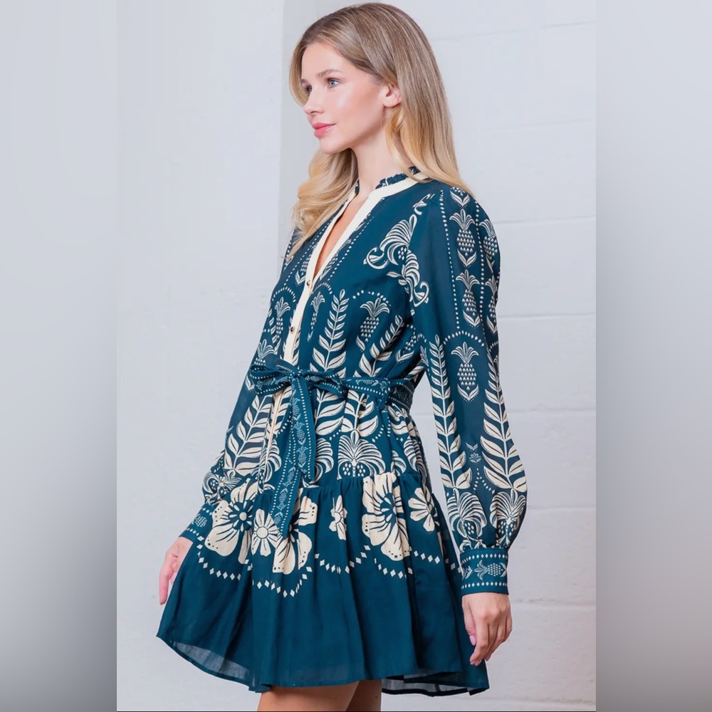 NWT Taelynn Blue Print long sleeve V-neck belted button down Mini Dress - Picture 3 of 6
